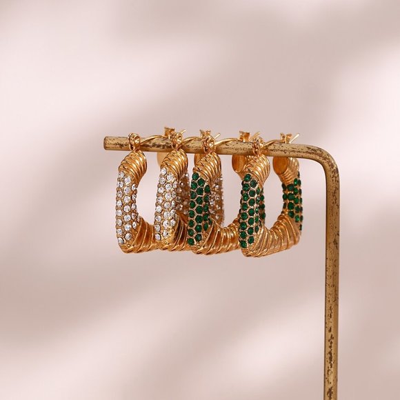 Zircon Chunky‎ Square 18K Gold Plated Hoop Earrings Stainless Steel - Picture 10 of 13